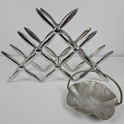 Lot #132 - Decorative Metal Décor Lot – Mid Century Farber & Shlevin Hand Wrought Basket & Modern Wine Rack