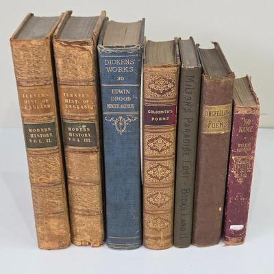 Antique Leather Bound Book Collection – Dickens, Turner, Milton, Goldsmith, Longfellow – Rare Literary Estate Set