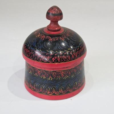 Afghani Lacquered & Hand-Painted Wooden Lidded Spice Box – Decorative Painted Wood Folk Art Container