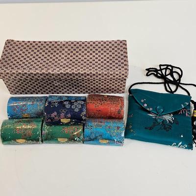 7 Asian Silk Mirrored Lipstick Cases w/ Original Storage Box Plus Asian Purse – Decorative Lot