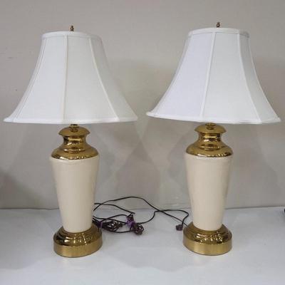 Pair of Vintage Ceramic Table Lamps – Cream & Brass – Matching Lamps with Shades – Classic Traditional Lighting