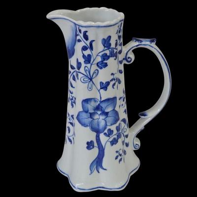 Blue & White Andrea by Sadek Ceramic Pitcher – Hand-Painted Floral Design – Decorative Vase or Jug