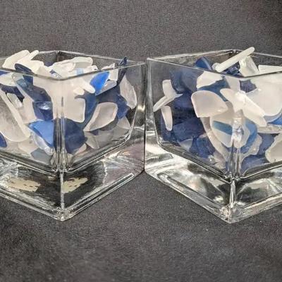 Box Of Blue And White Sea Glass w/8 Clear Square Candle Holders 