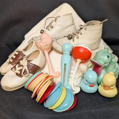 Vintage Baby Blanket, Shoes And Rattles/Toys