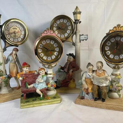 Crosa Figural Mantel Clocks – German/Bavarian Street Scene Clocks, Lot of 4