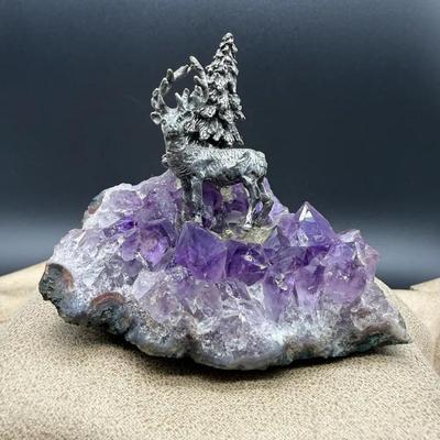 Vintage-Style Pewter Stag Figurine Mounted on Amethyst Geode