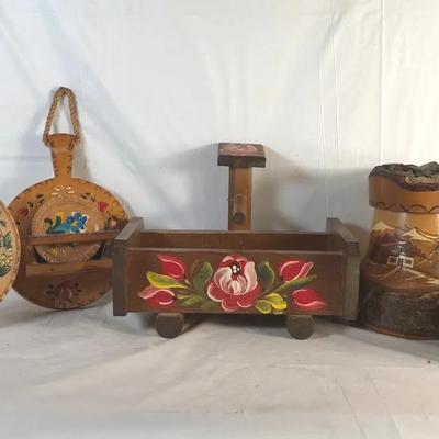 Vintage Hand-Painted German Folk Art Wood Lot – Black Forest Style Décor & Boxes