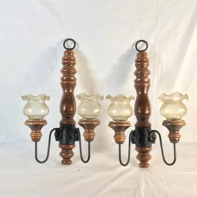 Vintage Wooden Wall Sconces With Glass Votive