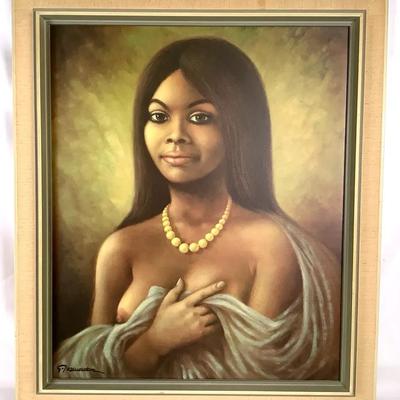 Vintage Signed Framed Portrait Print on Canvas – Contemporary Figurative Wall Art