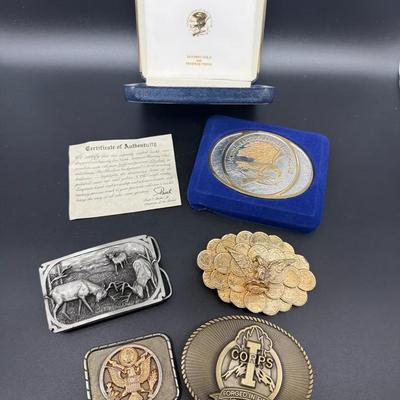 Vintage Belt Buckle Lot (5) – NAHC Wings of Gold 24K/Rhodium, Hunting Scene, Eagle & Military