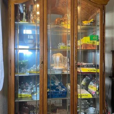 Lighted Glass Curio Cabinet with Wood Frame – 2 Door Display Case