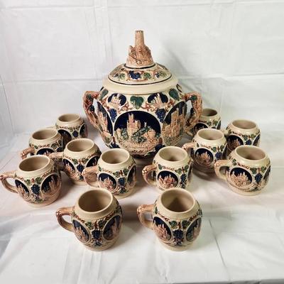 Vintage German Stoneware Punch Bowl Set w/ 12 Handled Mugs