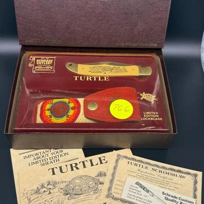 Schrade Turtle Scrimshaw Limited Edition Lockblade Knife w/ Beaded Sheath & Box