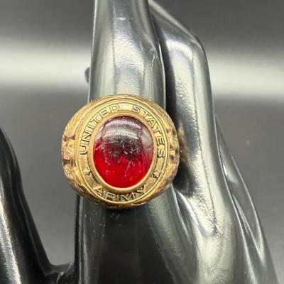 Vintage United States Army Ring – 10K Gold Filled, Red Cabochon