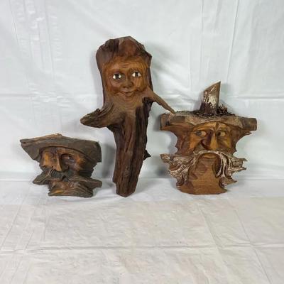 Carved Driftwood Faces Lot – Handmade Rustic Wall Art