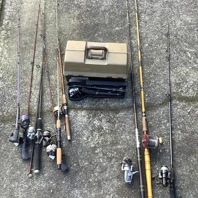 Assorted Fishing Rod & Reel Lot with Tackle Box