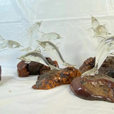 Lot of Glass Dolphin Figurines on Stone Bases – Decorative Coastal Art