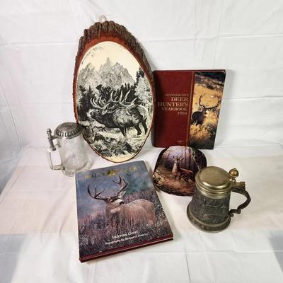 Vintage Hunting & Deer Décor Lot – Books, Steins, Wood Art & Glassware
