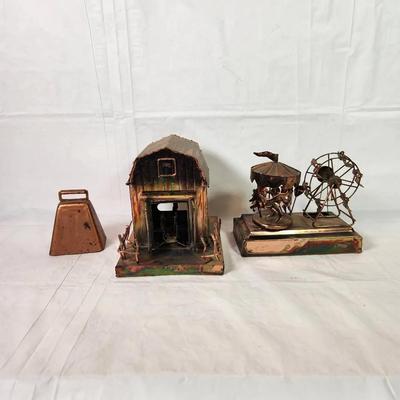 Vintage Berkeley Forge Copper Folk Art Set – Barn, Carnival Ride & Bell