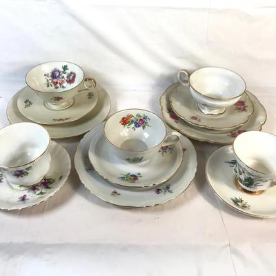 Vintage Bavarian Porcelain Teacups & Saucers – Mixed Hallmarks, Floral Patterns