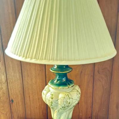MCM Capodimonte Art Pottery Lamp Italy Green White Gold w/Ladies Dolphin Base