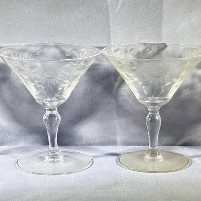Set Of Four Vintage Etched Martini Glasses