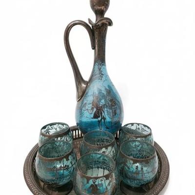 Vintage Etched glass Decanter an Tumbler Set with Silver Plated Tray 