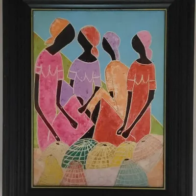 Oil On Board Titled "Les Marchandes De Paniers" (The Basket Sellers) By Hilome Ose