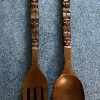 238: Matched Vintage Artisan Hand Carved Oversized Decorative Fork And Spoon 