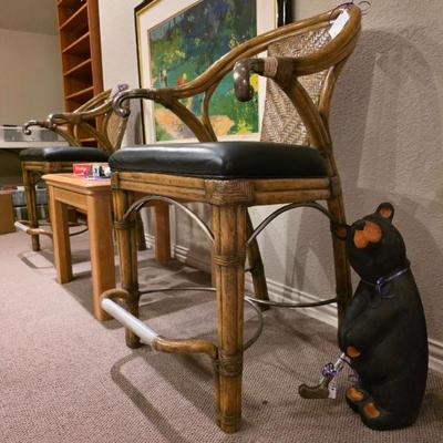 Rattan and leather barstool x 3.