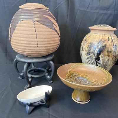 Studio Art Pottery Collection | Signed Lidded Vessels, Pedestal Bowl & Sculptural Stand