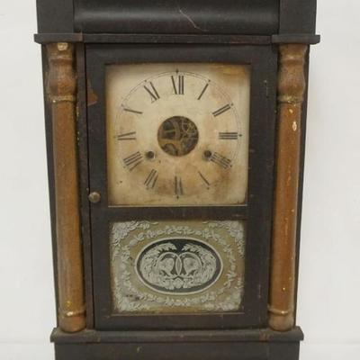 1179	ANTIQUE SHELF CLOCK W/TURNED HALF COLUMNS & REVERSE PAINTED GLASS DOOR, MISSING HANDS, APPROXIMATELY 5 IN X 15 IN X 25 IN HIGH

