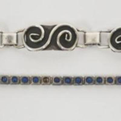 1105	2 STERLING SILVER BRACELETS, BLUE STONE AS FOUND MARKED PAYCO PAT 3-15-26 MISSING 2 STONES, 1.14 OZT INCLUDING STONES
