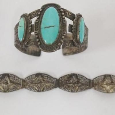 1107	STERLING SILVER TURQUOISE CUFF BRACELET AS FOUND, STONES HAVE CRACKS AND CUFF NEEDS REPAIR AND LACE WOVEN BRACELET, CUFF 1.38 OZT...