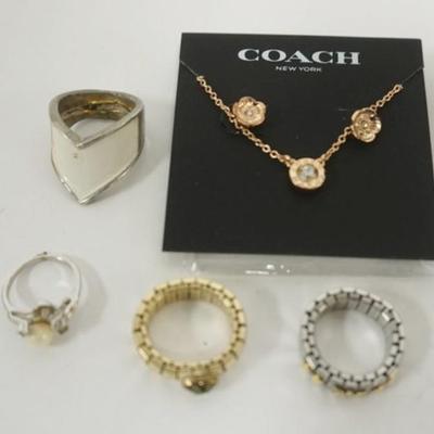 1133	COACH EARRING AND NECKLACE SET NEW AND MISC RINGS INCLUDING NOMINATION AND PAULINE RADER
