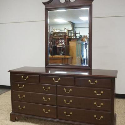 1212	ETHAN ALLEN CHERRY 7 DRAWER LOW CHEST WITH BEVELED EDGE MIRROR, REEDED COLUMN SIDES AND BRACKET FEET, APPROXIMATELY 64 IN X 19 IN X...