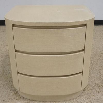 1227	MODERN STYLE 3 DRAWER CURVED FRONT STAND IN LINEN WRAPED FINISH, SOME WEAR TO TOP, APPROXIMATELY 24 IN X 22 IN X 24 IN H
