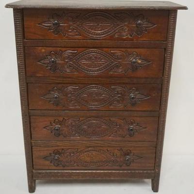 1175	PRESSED CARVED MINIATURE 5 DRAWER CHEST, APPROXIMATELY 17 IN X 8 IN X 22 IN HIGH
