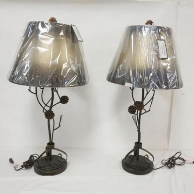1206	PAIR OF CRESTVIEW COLLECTION WROUGHT METAL TABLE LAMPS W/PINECONE FINIALS & CENTER, EACH APPROXIMATELY 32 IN HIGH
