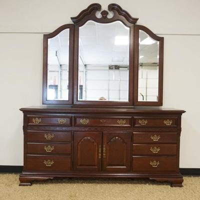 1208	STANLEY *THE AMERICAN HERITAGE* LOW CHEST W/TRIPLE BEVELED MIRROR, APPROXIMATELY 72 IN X 18 IN X 84 IN HIGH
