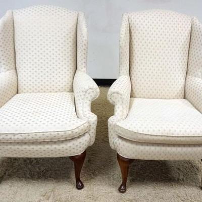 1221	PAIR OF HIGHLAND HOUSE UPHOLSTERED WING BACK CHAIRS, SOME STAINING, EACH APPROXIMATELY 32 IN X 29 IN X 45 IN H
