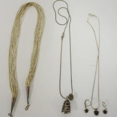 1113	3 STERLING SILVER NECKLACES, 1 WITH MATCHING ONYX EARRINGS, 1 BELL AND 1 ROPE STYLE, 1.60 OZT INCLUDING STONES
