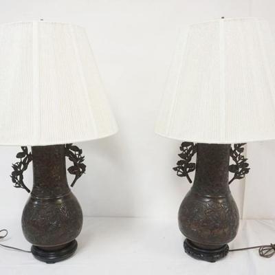 1205	PAIR OF METAL BRONZED FINISHED ASIAN STYLE TABLE LAMPS W/ADJUSTABLE SHADE HEIGHTS, EACH APPROXIMATELY 30 IN HIGH
