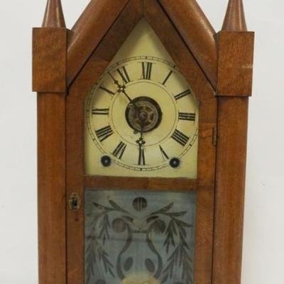 1176	ANTIQUE STEEPLE CLOCK W/ETCHED GLASS DOOR, APPROXIMATELY 10 IN X 5 IN X 19 IN HIGH
