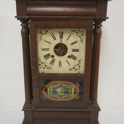 1177	ANTIQUE SHELF CLOCK W/TURNED COLUMNS & REVERSE PAINTED GLASS DOOR, APPROXIMATELY 16 IN X 5 IN X 26 IN HIGH
