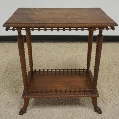 1232	PETITE ANTIQUE OAK STICK AND BALL LAMP TABLE WITH PAW FEET AND SPIRAL TURNED LEGS, SOME DISCOLORING ON TOP, APPROXIMATELY 27 IN X 18...
