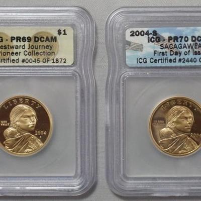 1147	2 SACAGAWEA DOLLAR COINS S MINT 2004, 1 IS FIRST DAY OF ISSUE AND OTHER IS WESTWARD JOURNEY PIONEER COLLECTION
