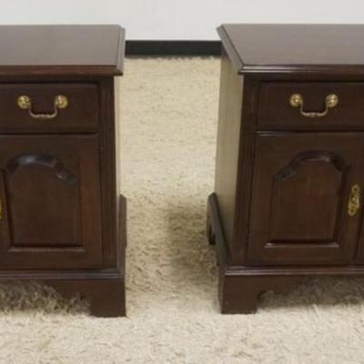 1213	PAIR OF ETHAN ALLEN CHERRY BEDSIDE STANDS, EACH WITH 1 DRAWER AND 2 DOORS ON HIGH BRACKET FEET, EACH APPROXIMATELY 25 IN X 16 IN X...