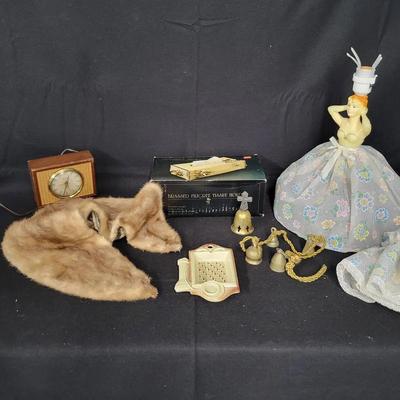 Vintage Fur Collar, Seth Thomas Clock, Brassed Filigree Tissue Holder, Figural Lamp (no shade), 
