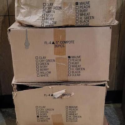(4) Cases 6" Plastic Compotes for Floral Arranging. Mostly NEW cases: Ruby, Mauve, Berry